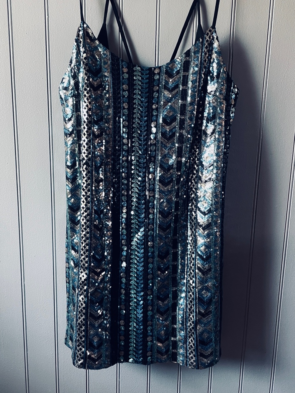 Sequin Strappy Slip Dress in Teal and Silver